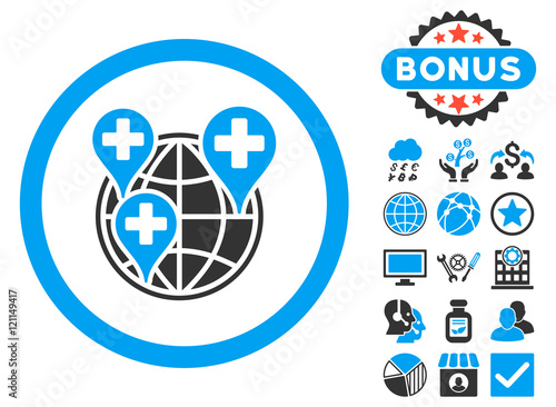 Global Clinic Company icon with bonus pictogram. Vector illustration style is flat iconic bicolor symbols, blue and gray colors, white background.