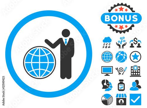 Global Manager icon with bonus pictures. Vector illustration style is flat iconic bicolor symbols, blue and gray colors, white background.