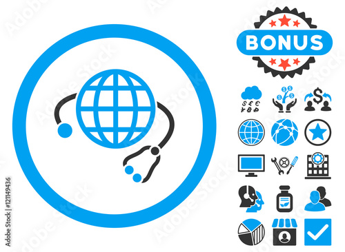 Global Medicine icon with bonus design elements. Vector illustration style is flat iconic bicolor symbols, blue and gray colors, white background.
