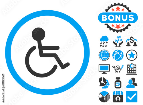 Handicapped icon with bonus pictures. Vector illustration style is flat iconic bicolor symbols, blue and gray colors, white background.