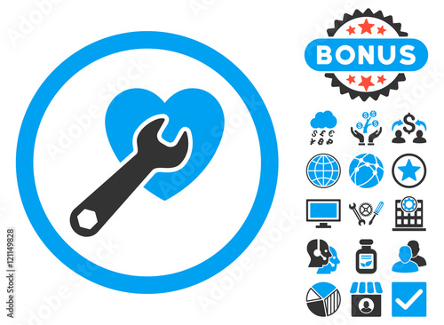 Heart Surgery icon with bonus design elements. Vector illustration style is flat iconic bicolor symbols, blue and gray colors, white background.