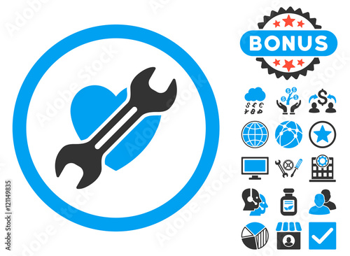 Heart Surgery icon with bonus elements. Vector illustration style is flat iconic bicolor symbols, blue and gray colors, white background.