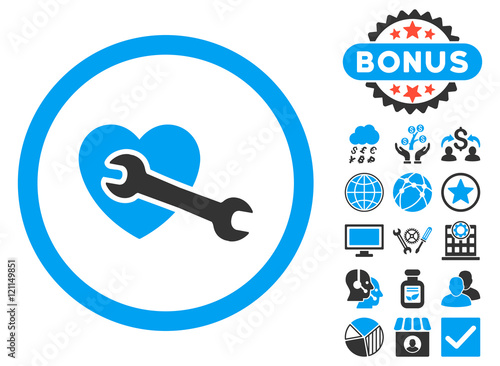 Heart Surgery icon with bonus symbols. Vector illustration style is flat iconic bicolor symbols, blue and gray colors, white background.