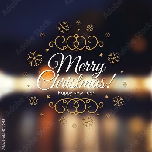 Christmas and New Year. Vector greeting card with blurred christmas lights