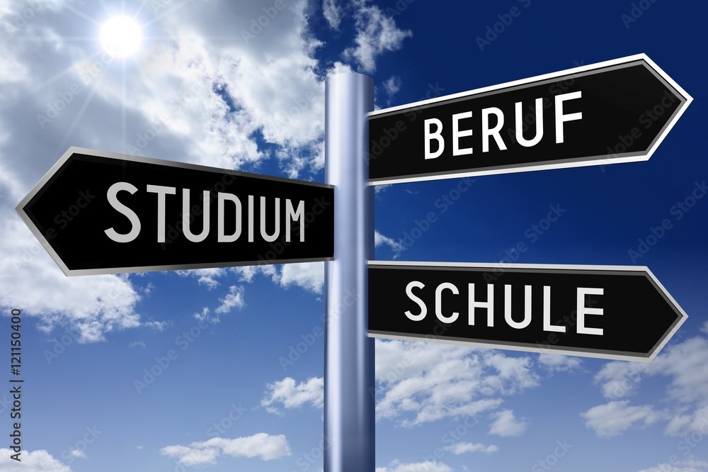 Fototapeta premium Signpost with three arrows - profession, studies, school (English)/ Beruf, Studium, Schule (German).