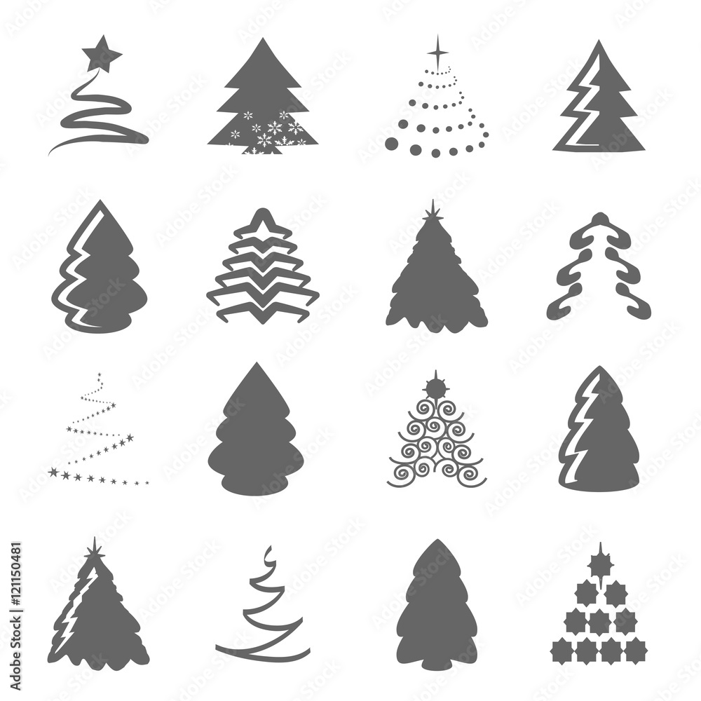 Obraz premium Vector set of Christmas trees on the white background, gray silhouette