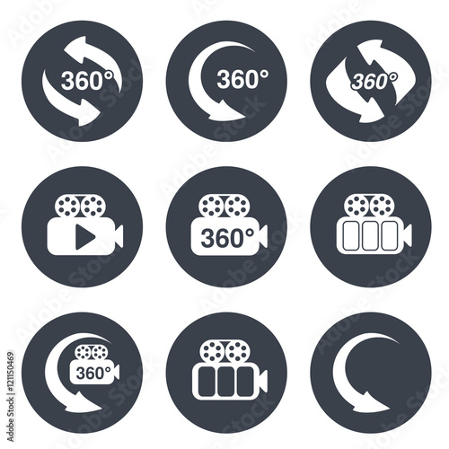 Vector symbols for virtual tour, circle grey labels - buttons with arrows and camera