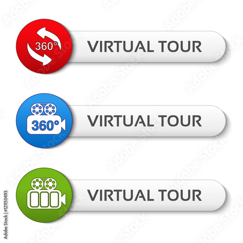 Vector buttons for virtual tour, red, green and blue labels - stickers with arrows and camera