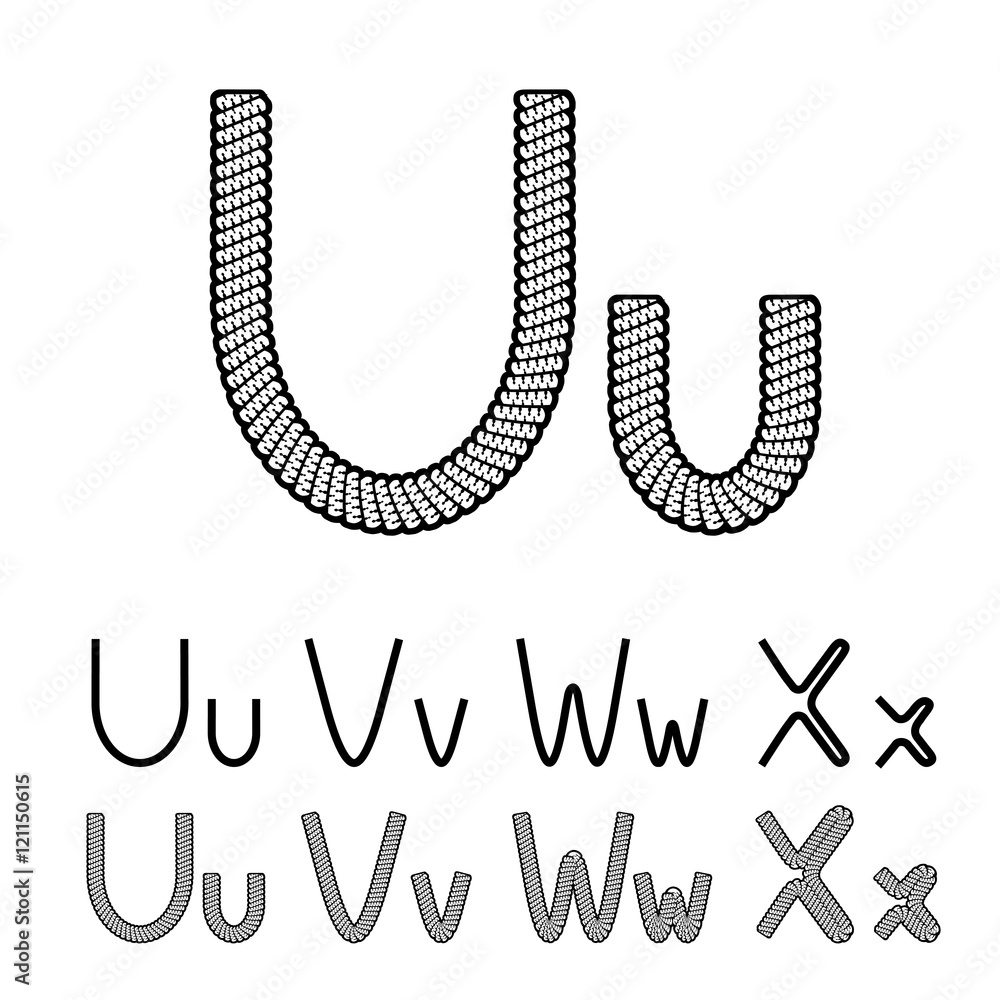 Obraz premium Vector twine font alphabet - simple rope letters - U, u, V, v, W, w, X, x