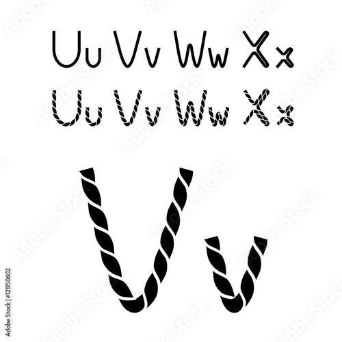 Vector twine font alphabet - simple rope letters - U, u, V, v, W, w, X, x