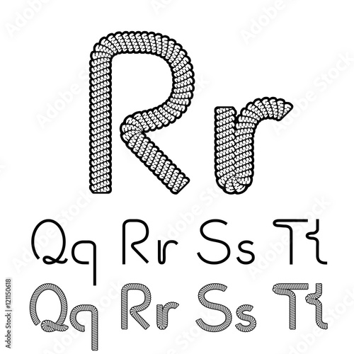 Vector twine font alphabet - simple rope letters - Q, q, R, r, S, s, T, t