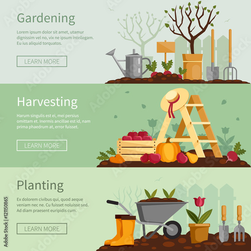 Gardening banners set. Plants, tools, equipment, harvest. Fruits, vegetables, flowers cultivation. Vector illustration