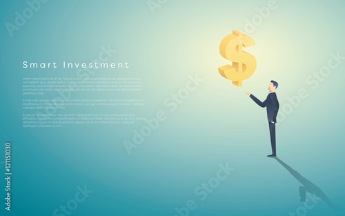 Smart investment business concept vector background with dollar sign as symbol of money and businessman. Bank  banking financial institutions abstract.