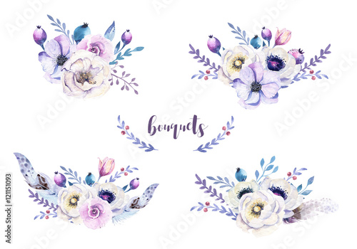 Set of watercolor vintage floral bouquets with feather. Boho spr