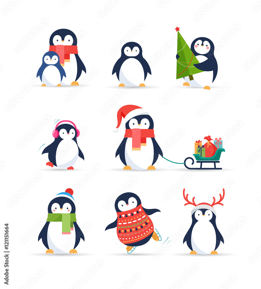 Fototapeta premium Cute penguins set - Merry Christmas greetings