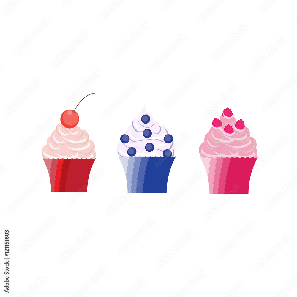 Set of cupcakes icons. Cupcakes with cherry, blueberry and raspberry. Vector illustration in flat style.