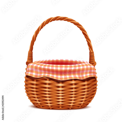 Realistic wicker basket with napkin isolated on white background.
