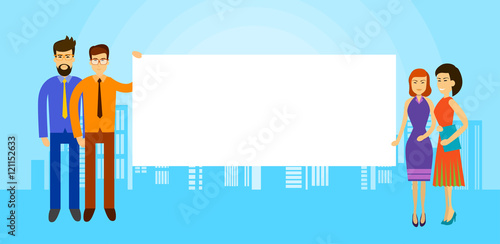 Asian Business People Group Hold Empty Banner Copy Space City Background