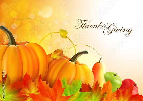 Thanksgiving greeting card with maple leaves pumpkins, apples and pear.