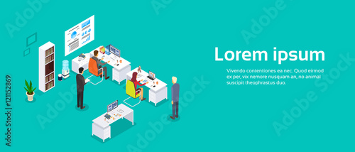 Office Interior, Businesspeople Working Computer Banner Copy Space 3d Isometric