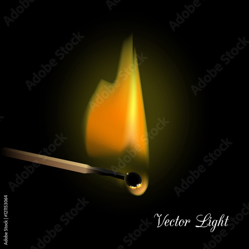 Realistic burning match on black background with transparent flame. Vector illustration