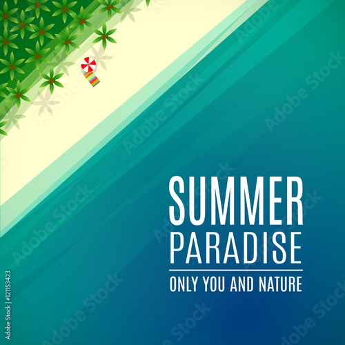 Summer tropical paradise background. Palm trees, ocean, parasol and towel on white sandy beach. Vector illustration