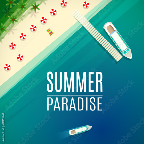 Summer tropical paradise background. Palm trees, ocean, parasols on white sandy beach and ships near pier