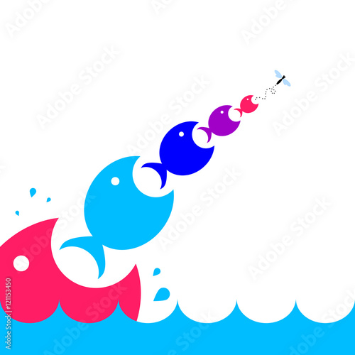 Many fish hunting and trying to eat each other. Food chain concept. Vector illustration