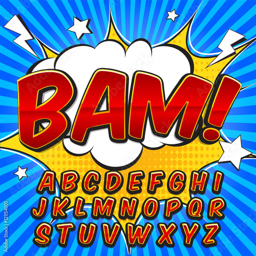 Comic alphabet set. Letters, numbers and figures for kids' illustrations, websites, comics, banners