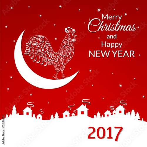 vector illustration. New year, Christmas background. openwork rooster on the background of the moon, houses and trees, stars