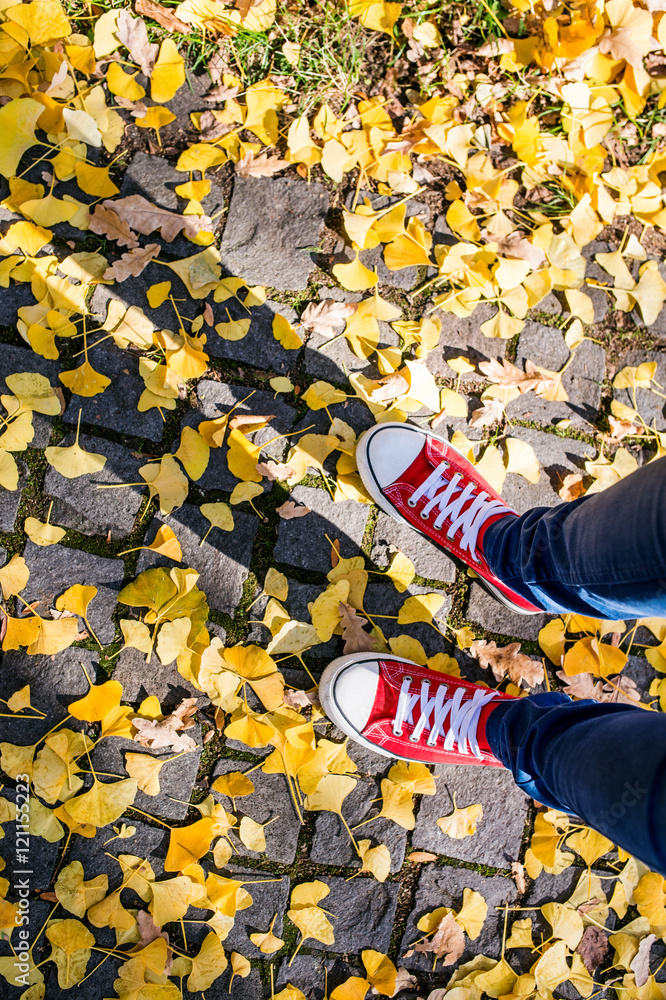 Fototapeta premium Legs of unrecognizable person in winter boots. Colorful autumn l