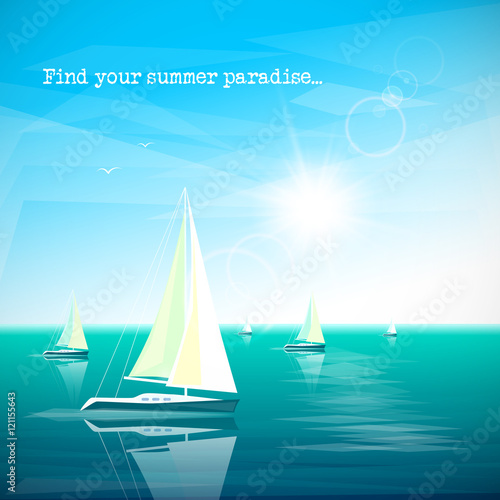 Yachts sail on the sea. Regatta. Sunny day, ocean, vacation concept. Bright summer polygonal illustration with place for text