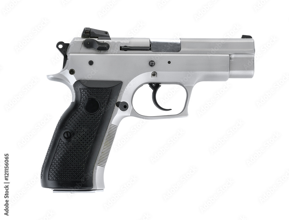Stainless stell automatic 9 m.m handgun pistol isolated on white