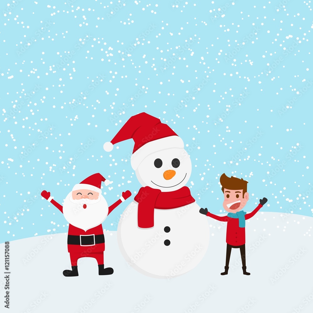 Cute snowman with Santa Claus and boy for Merry Christmas celebrations. Cartoon Vector Illustration.