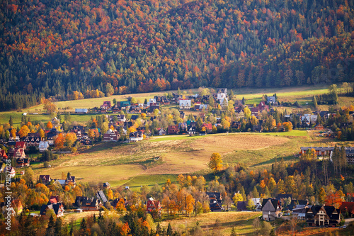 Sunny October day in mountain village. Autumn in Poland