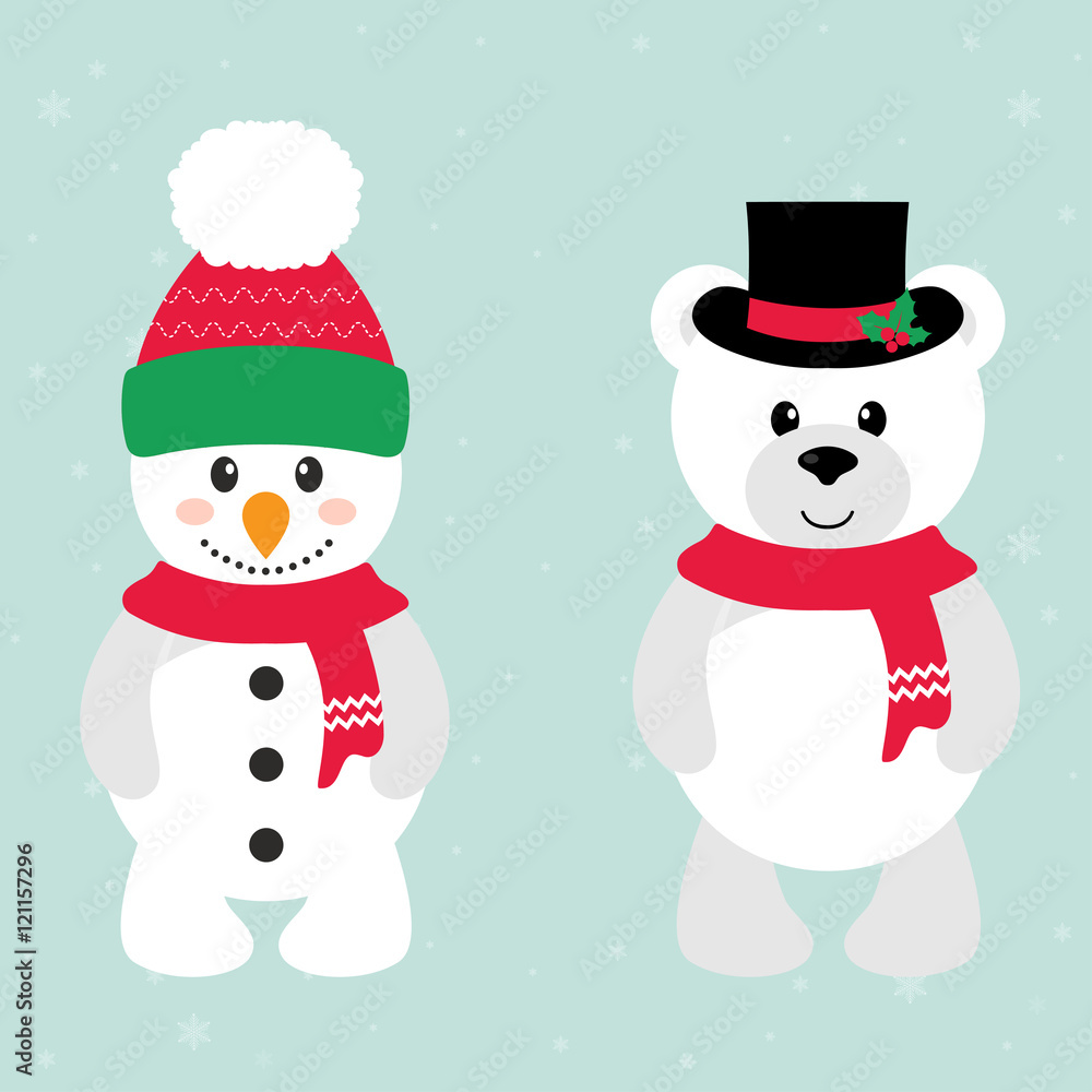 cartoon snowman and bear with hat