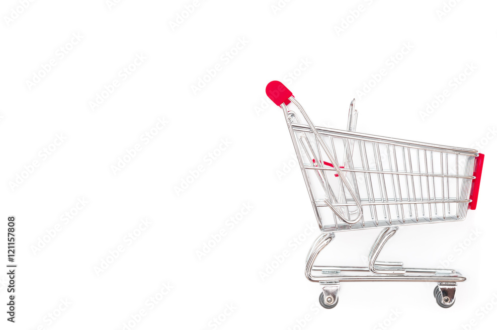 Shopping cart closeup on white background