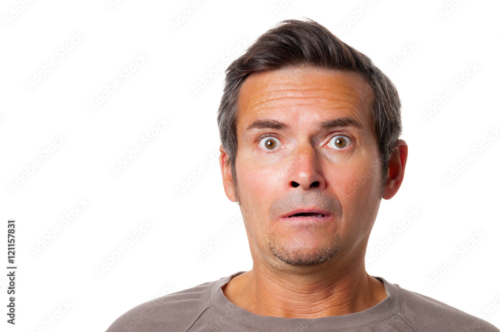 Obraz premium Portrait of frightened man on white background