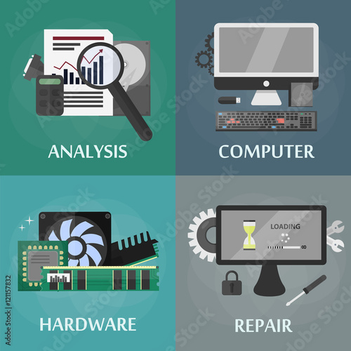 Set of vector flat square banners of analysis, computer, hardware and repair. Business concept of electronic online store and computer marketing.