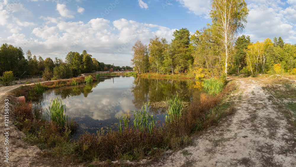 Golden autumn in Central Russia.  September evening in tourist camp.