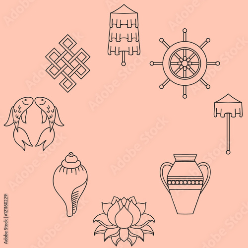 Buddhist symbolism, The 8 Auspicious Symbols of Buddhism, Right-coiled White Conch, Precious Umbrella, Victory Banner, Golden Fish, Dharma Wheel, Auspicious Drawing, Lotus Flower, Vase of Treasure.