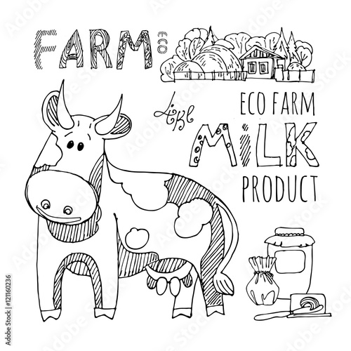 Milk cow. Milk products from eco farm. Vector set of drawings of liner. Image of dishes for milk and dairy products.Cartoon style