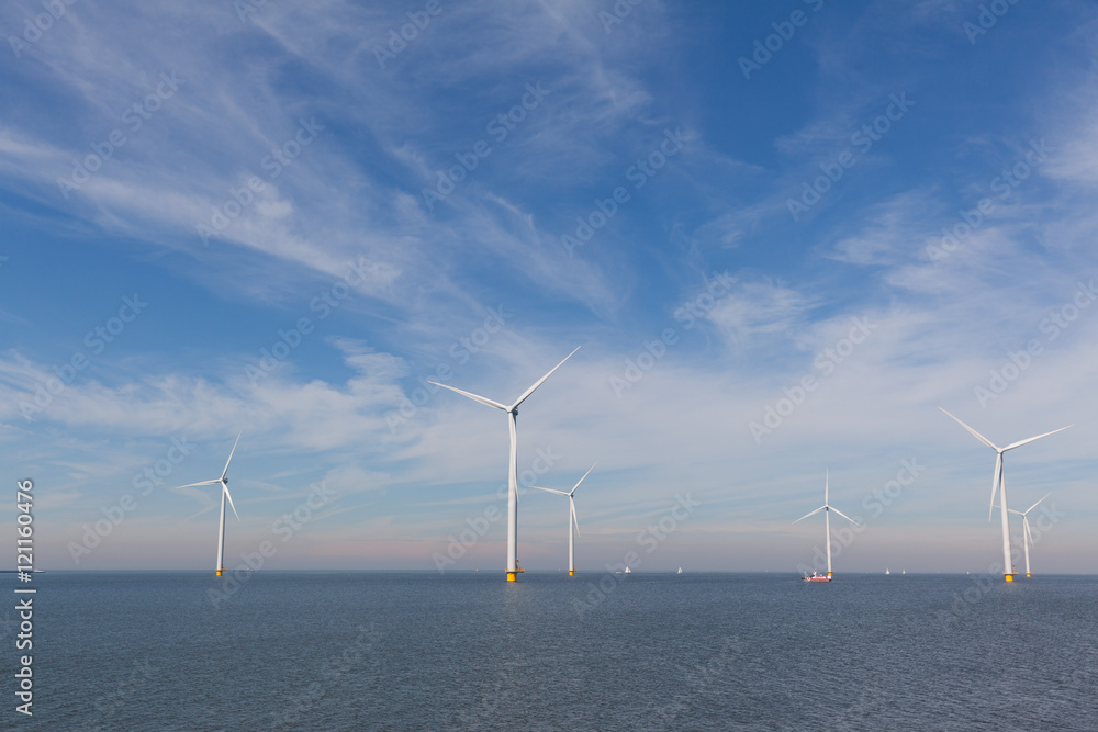 View of windpark in the Dutch Noordoostpolder, Flevoland and the