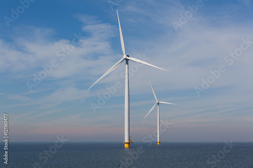 View of two windturbines in the Dutch Noordoostpolder, Flevoland