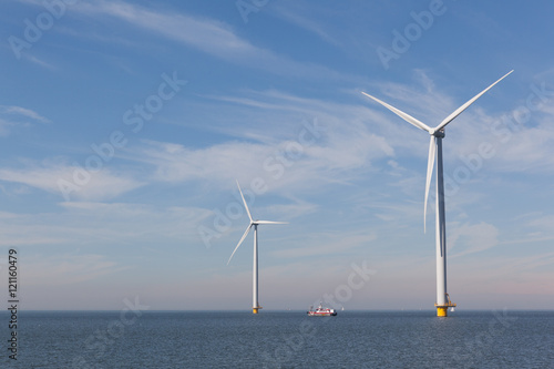 View of two windturbines in the Dutch Noordoostpolder, Flevoland