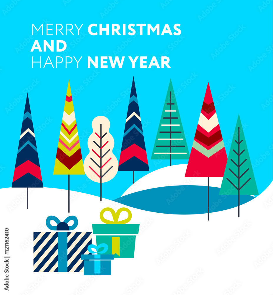 New Year and Christmas greeting card  presents in the forest.