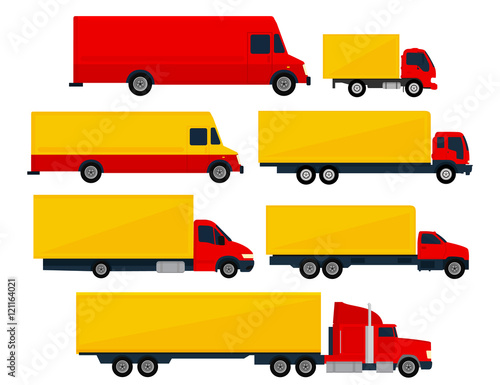 Trucks and trailers isolated white background. Trucks and semi-trucks. Vector illustration, flat design