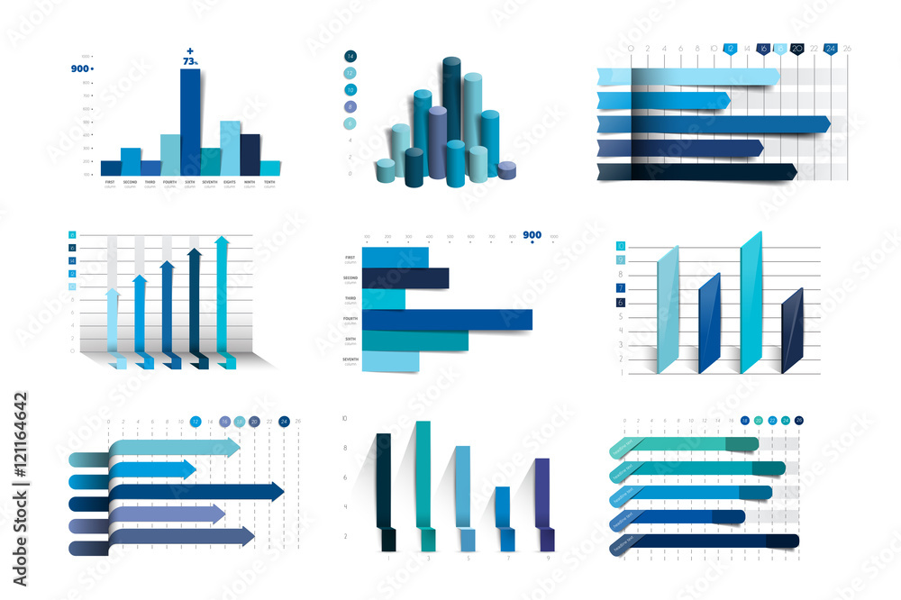 Big set of charst, graphs. Blue color. Infographics business elements.
