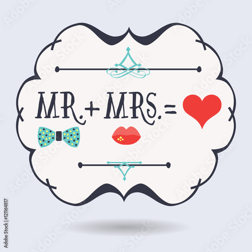 Conceptual Mr. plus Mrs. equals red heart icons on blue background