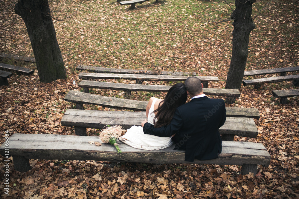 Fototapeta premium bride and groom sit on the bench
